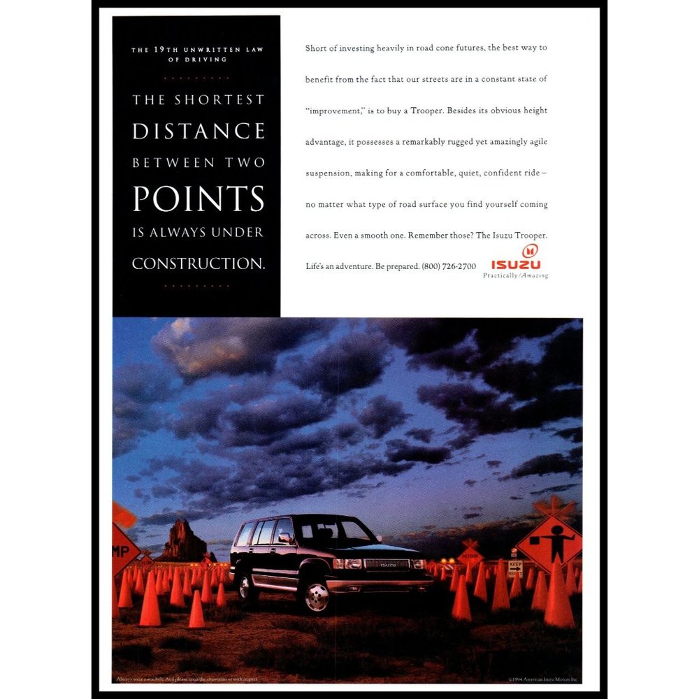 1994 Isuzu Trooper 4x4 SUV Vintage Print Ad Construction Signs Road Cone Art
